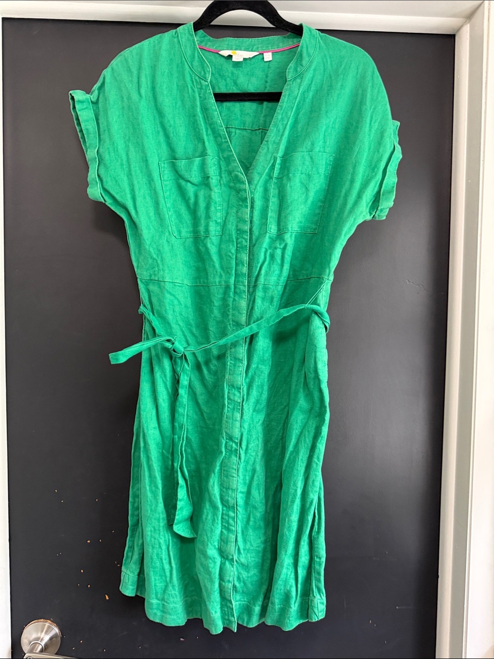 Boden Emerald Green Linen Midi Shirt Dress with Tie Waist